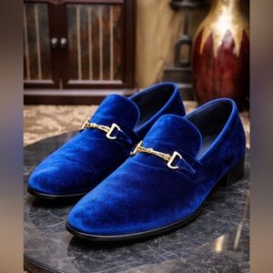 Royal Shoes Velvet Horsebit Loafers Mens Size 8 Blue Gold Dress
